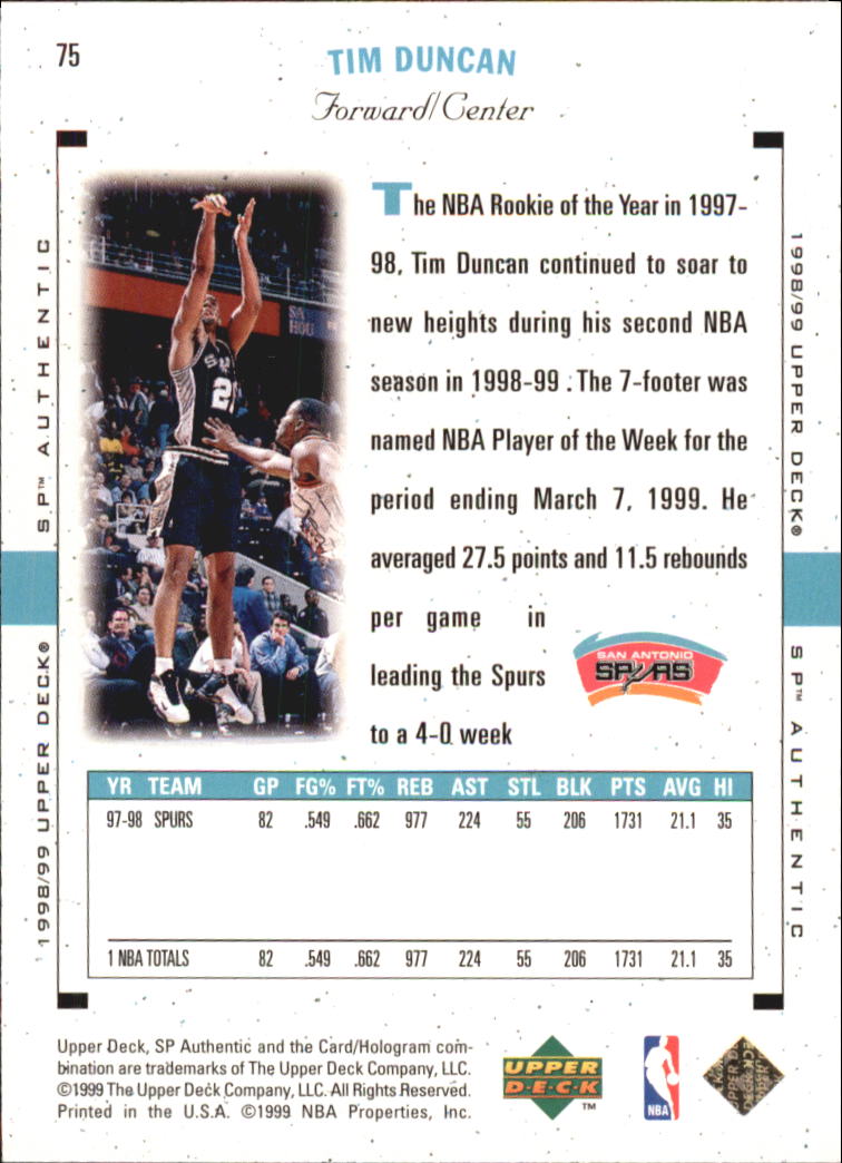 1998-99 SP Authentic #75 Tim Duncan back image