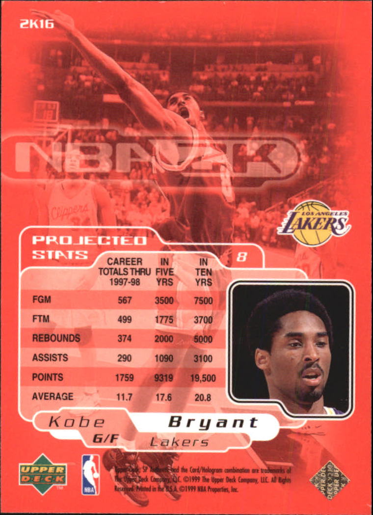 1998-99 SP Authentic NBA 2K #2K16 Kobe Bryant back image