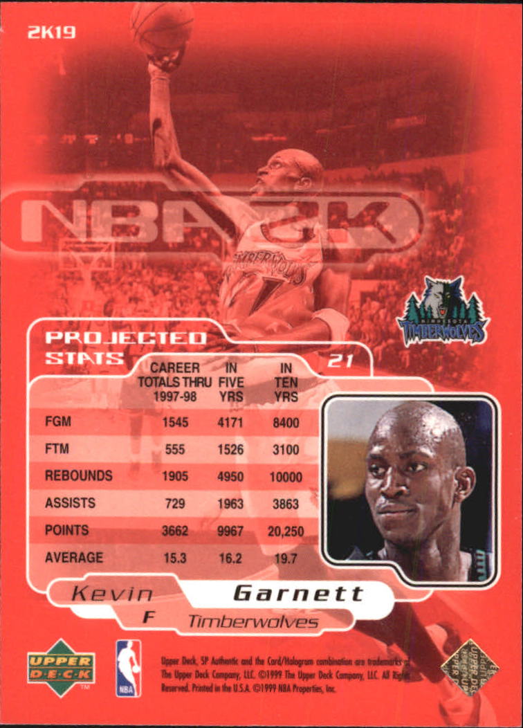 1998-99 SP Authentic NBA 2K #2K19 Kevin Garnett back image
