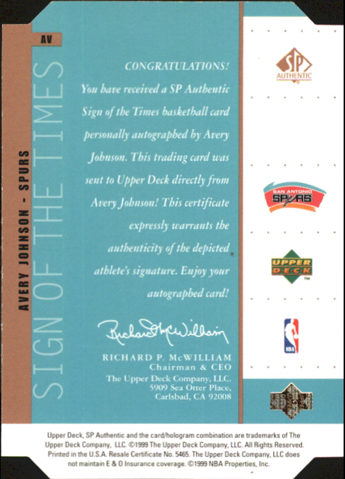 1998-99 SP Authentic Sign of the Times Bronze #AV Avery Johnson back image