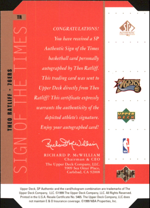 1998-99 SP Authentic Sign of the Times Bronze #TR Theo Ratliff back image