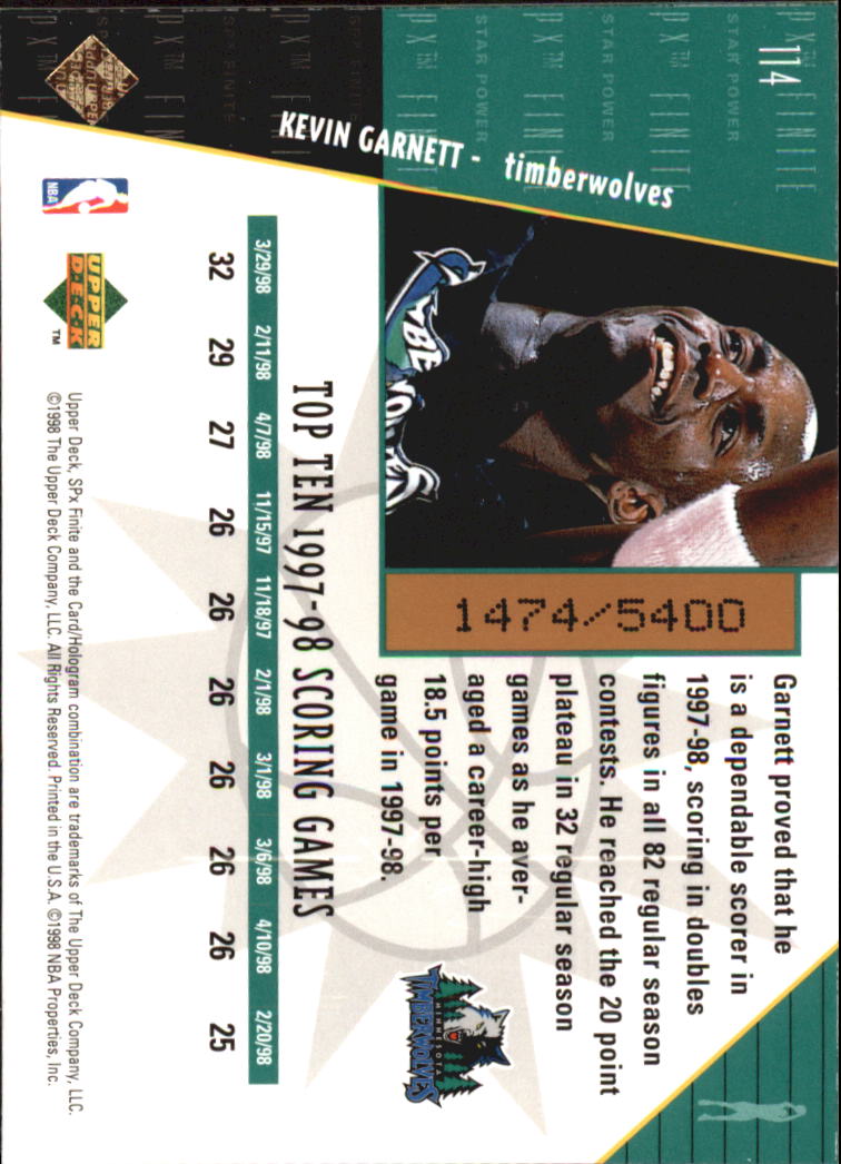 1998-99 SPx Finite #114 Kevin Garnett SP back image