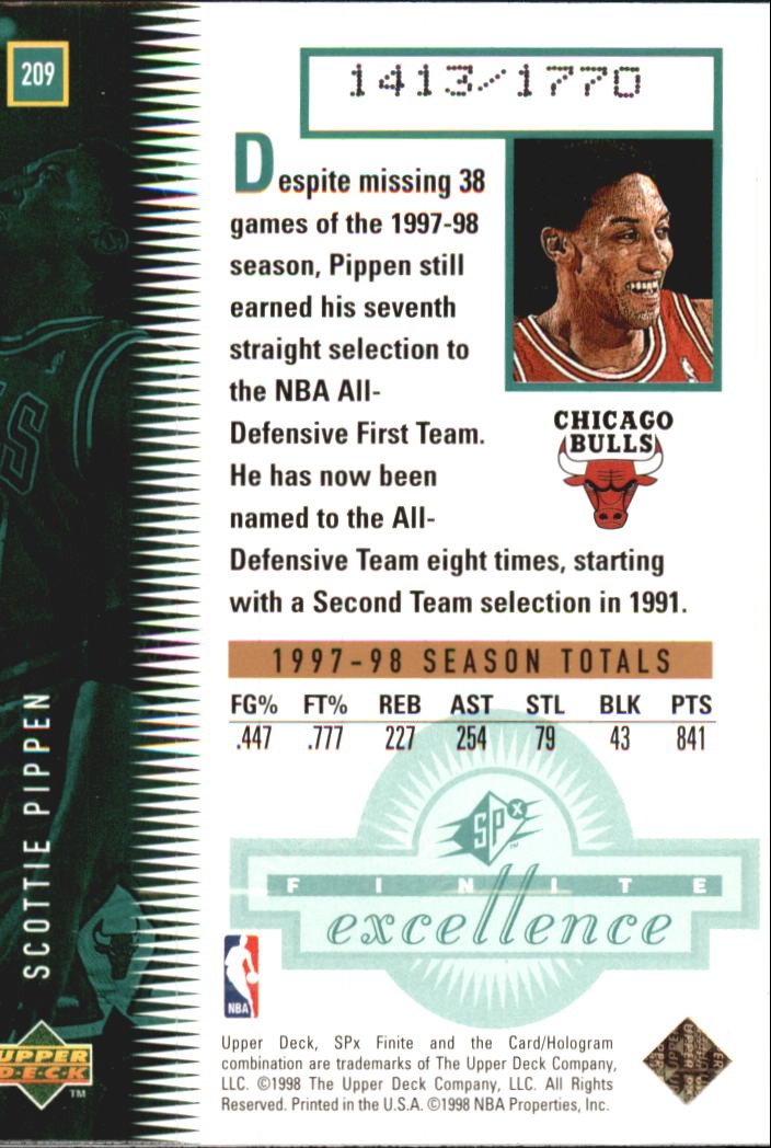 1998-99 SPx Finite #209 Scottie Pippen FE - NM-MT+