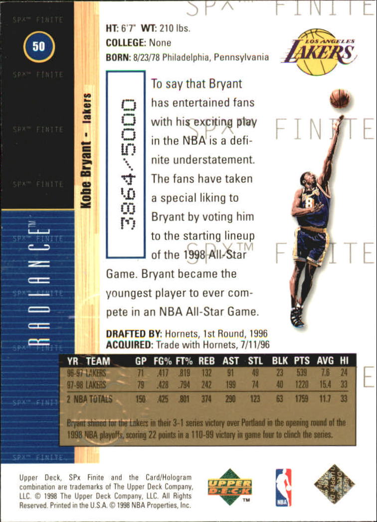 1998-99 SPx Finite Radiance #50 Kobe Bryant back image