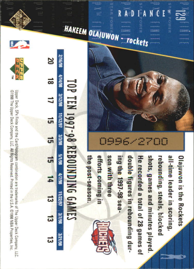1998-99 SPx Finite Radiance #129 Hakeem Olajuwon SP back image