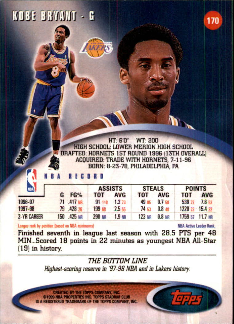 1998-99 Stadium Club #170 Kobe Bryant back image