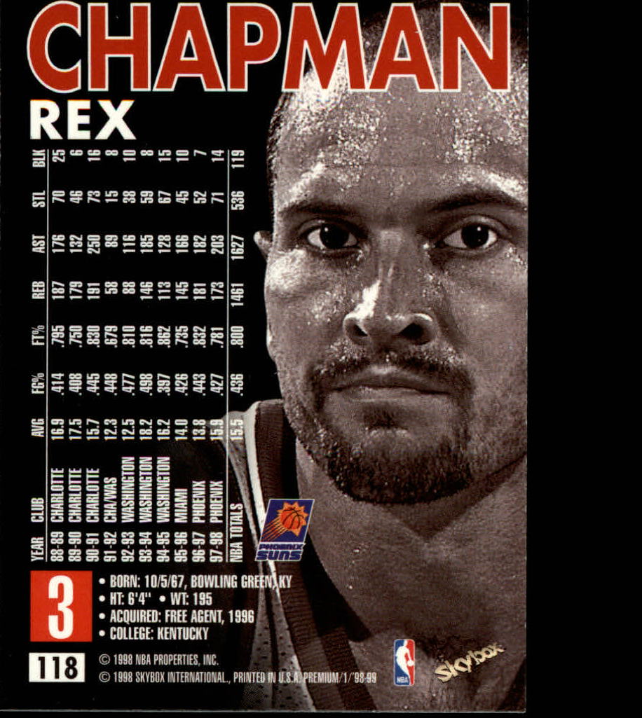 有关以下物品的详细资料: 1998-99 skybox premium #118 rex chapman