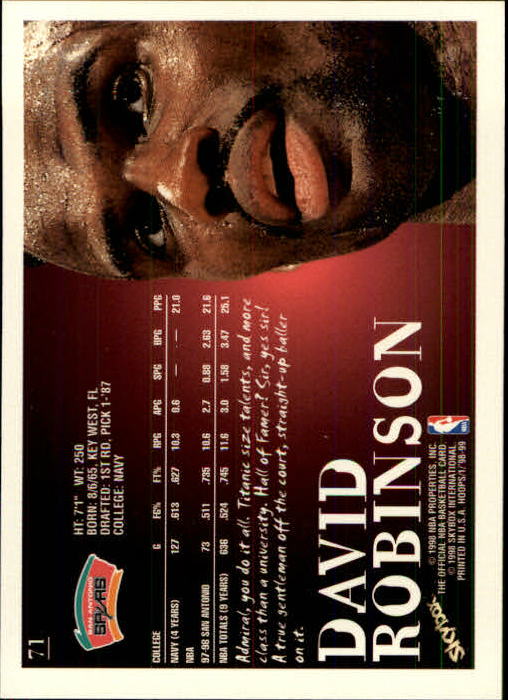 1998-99 Hoops #71 David Robinson back image