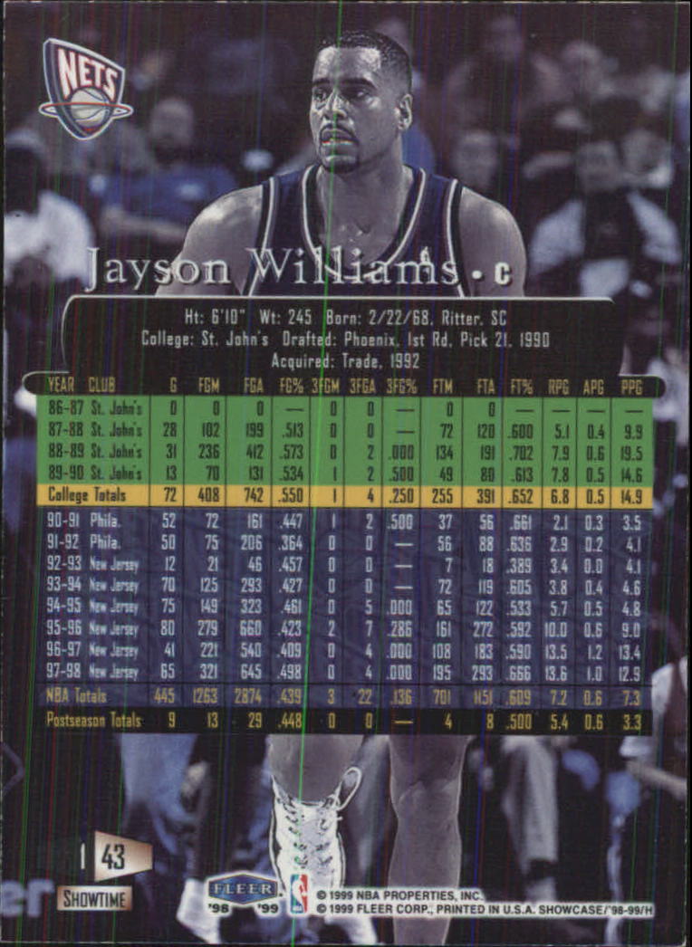 1998-99 Flair Showcase Row 1 #43 Jayson Williams back image