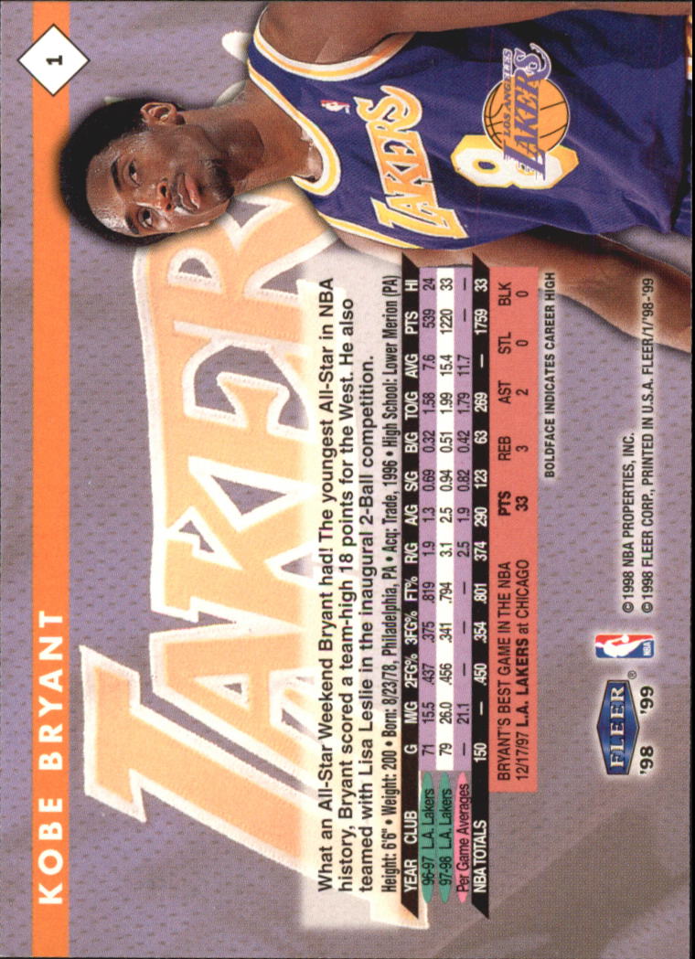 1998-99 Fleer #1 Kobe Bryant back image