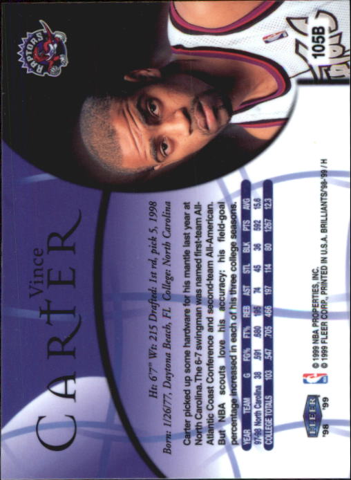 1998-99 Fleer Brilliants Blue #105 Vince Carter back image