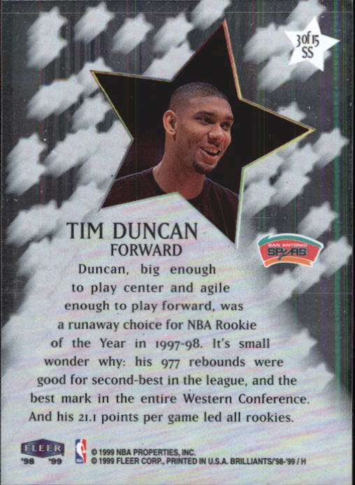 1998-99 Fleer Brilliants Shining Stars #3 Tim Duncan back image