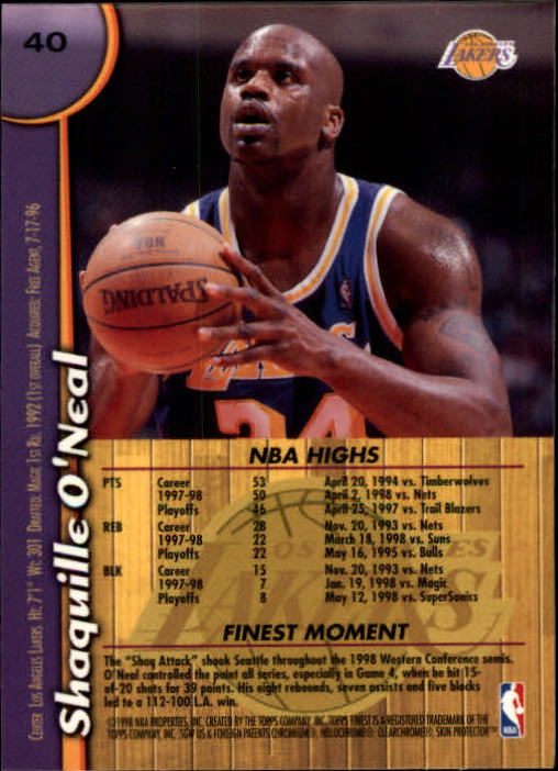 1998-99 Finest #40 Shaquille O'Neal back image
