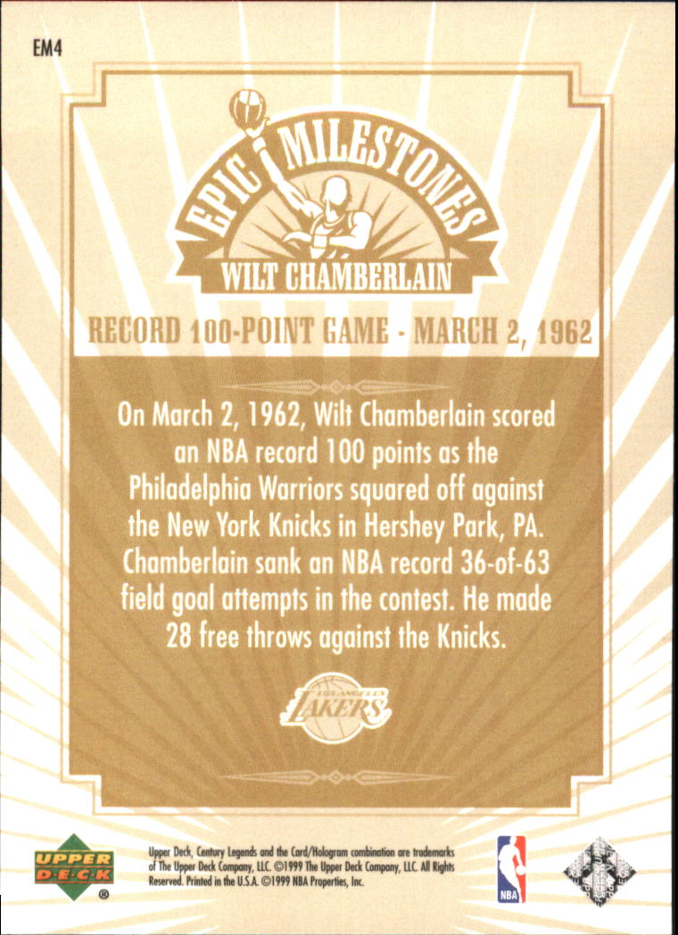 1999 Upper Deck Century Legends Epic Milestones #EM4 Wilt Chamberlain back image