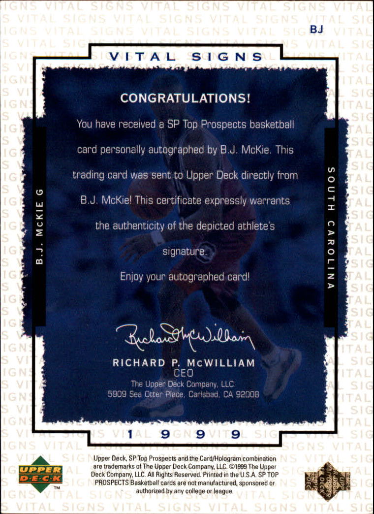 1999 SP Top Prospects Vital Signs #BJ B.J. McKie back image