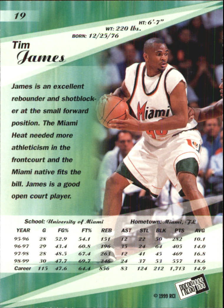 1999 Press Pass SE #19 Tim James back image