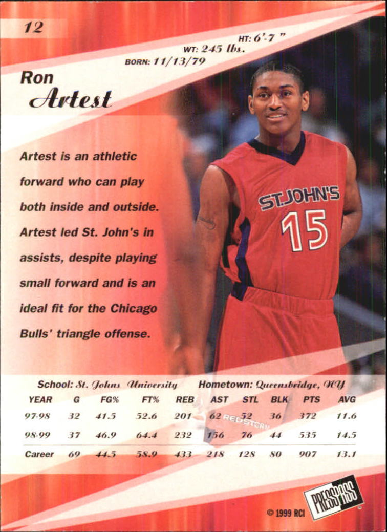1999 Press Pass SE Alley Oop #12 Ron Artest back image