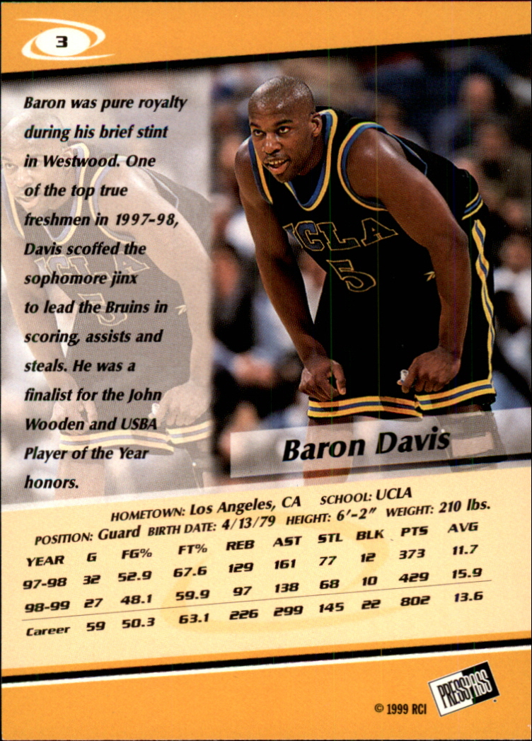 1999 Press Pass Gold Zone #3 Baron Davis back image