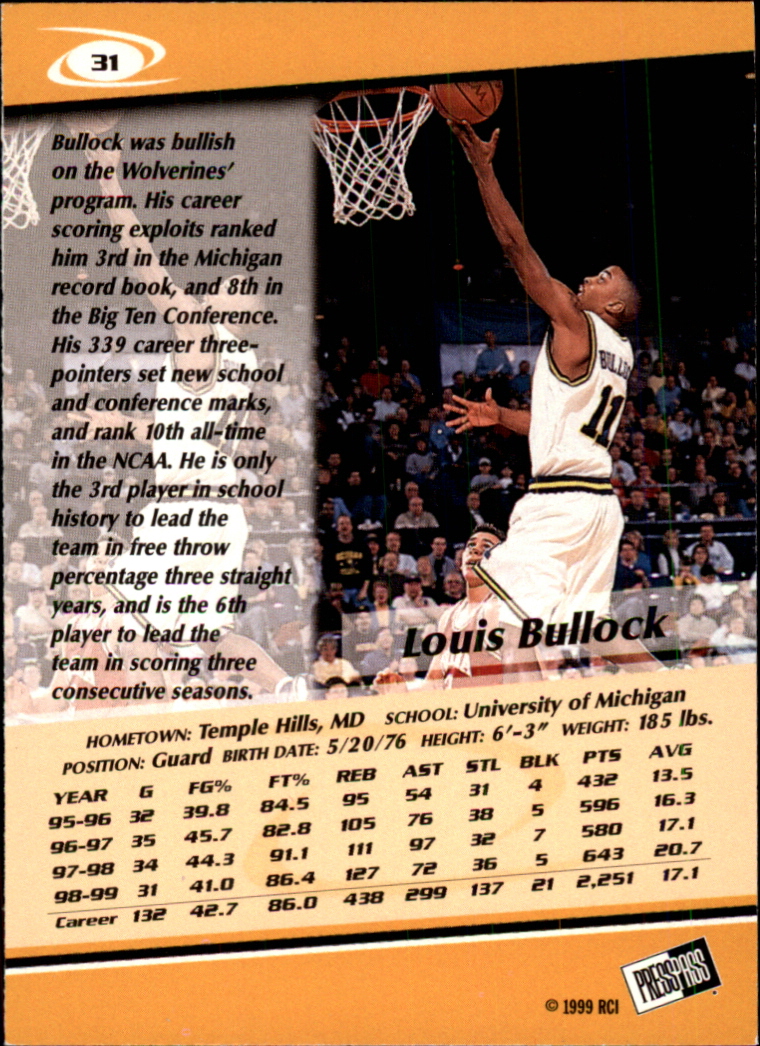 1999 Press Pass Gold Zone #31 Louis Bullock back image