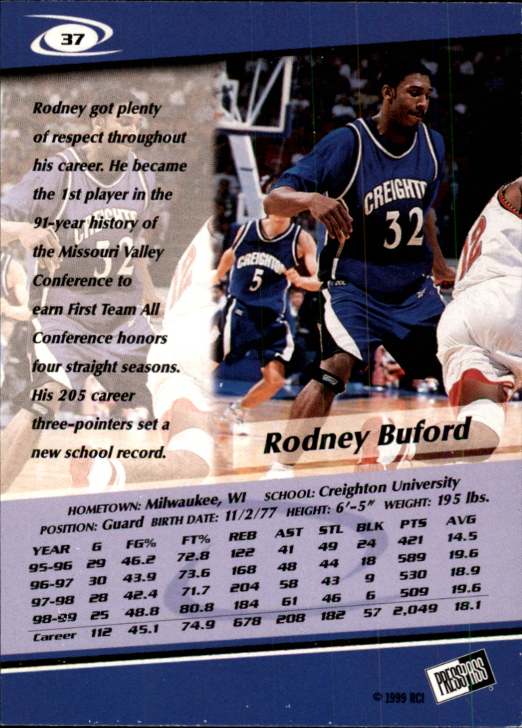 1999 Press Pass Gold Zone #37 Rodney Buford back image