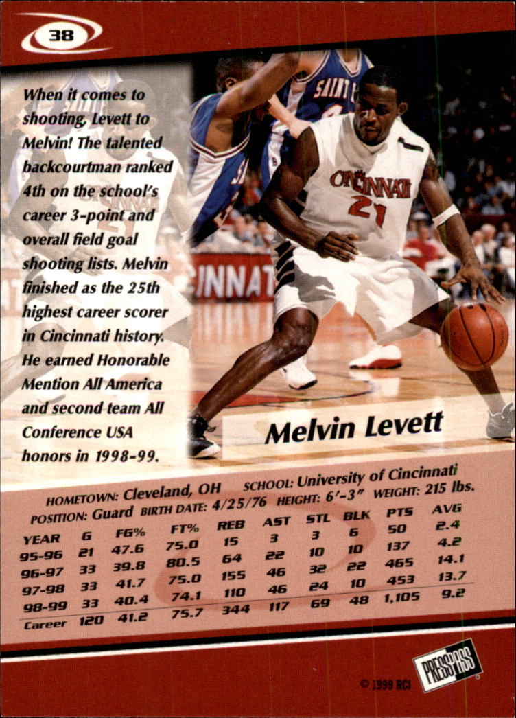 1999 Press Pass Gold Zone #38 Melvin Levett back image