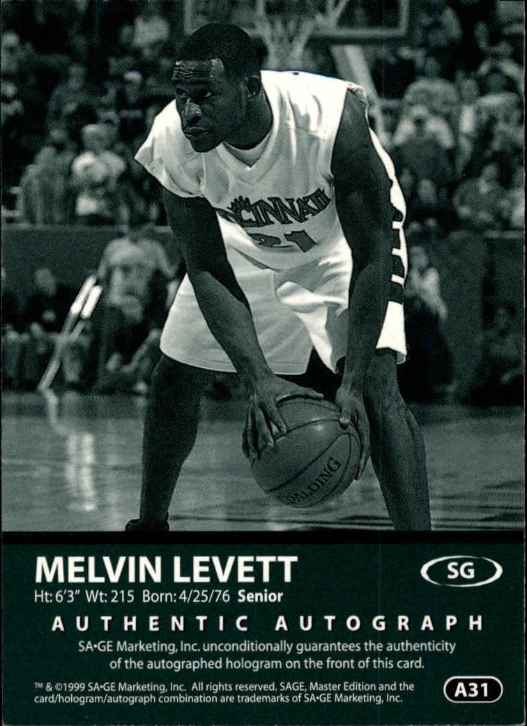 1999 SAGE Autographs Bronze #A31 Melvin Levett/650 back image