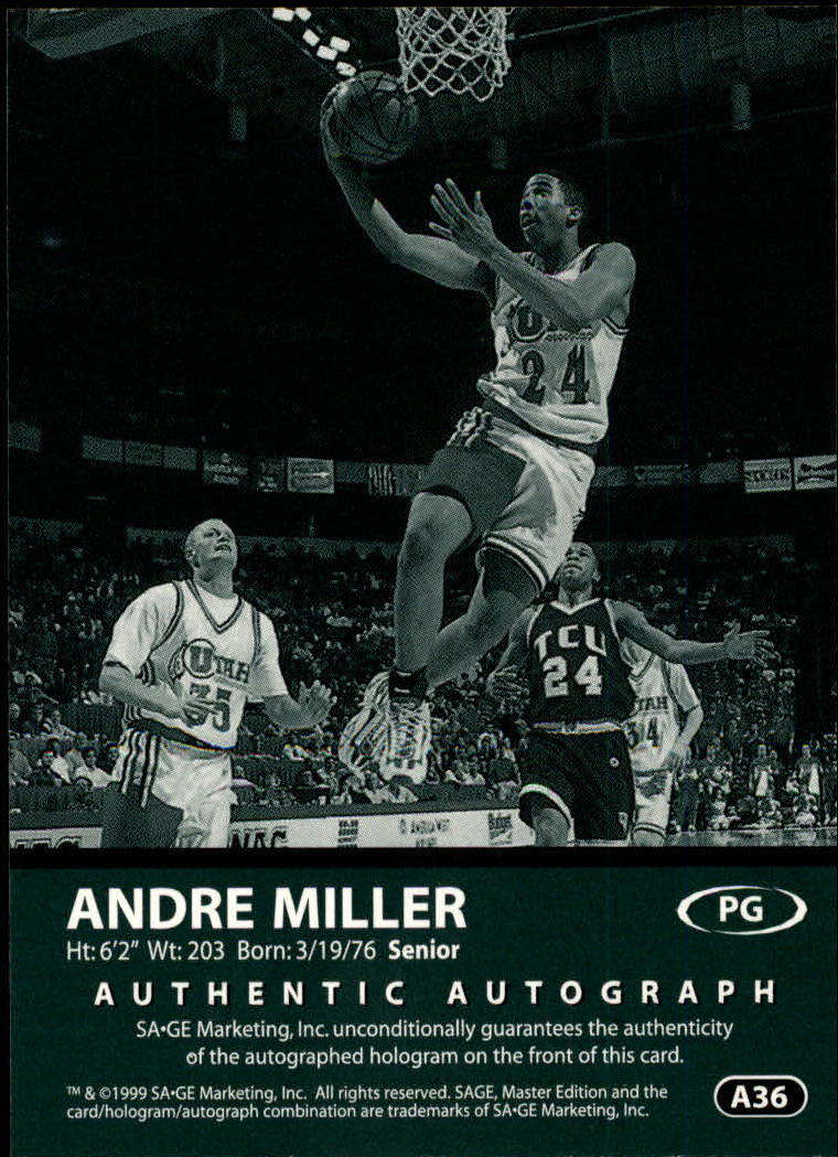 1999 SAGE Autographs Silver #A36 Andre Miller/400 back image