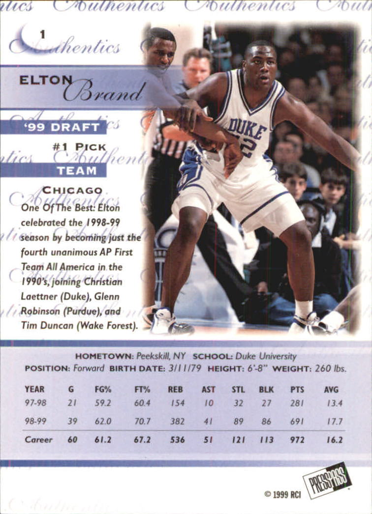 1999 Press Pass Authentics #1 Elton Brand back image