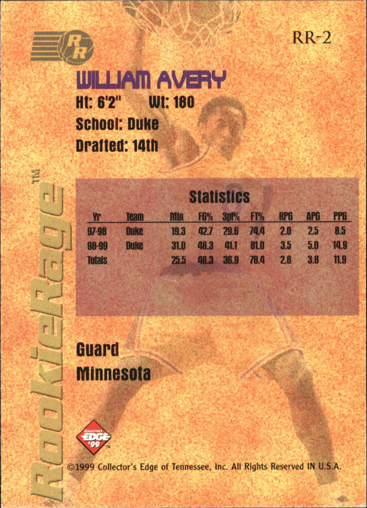 1999 Collector's Edge Rookie Rage #RR2 William Avery back image