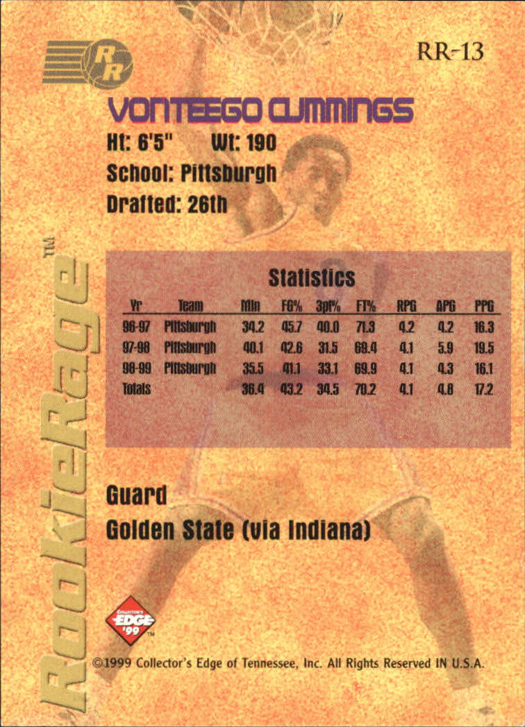 1999 Collector's Edge Rookie Rage #RR13 Vonteego Cummings back image