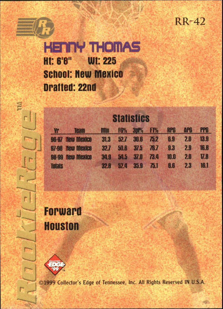 1999 Collector's Edge Rookie Rage #RR42 Kenny Thomas back image