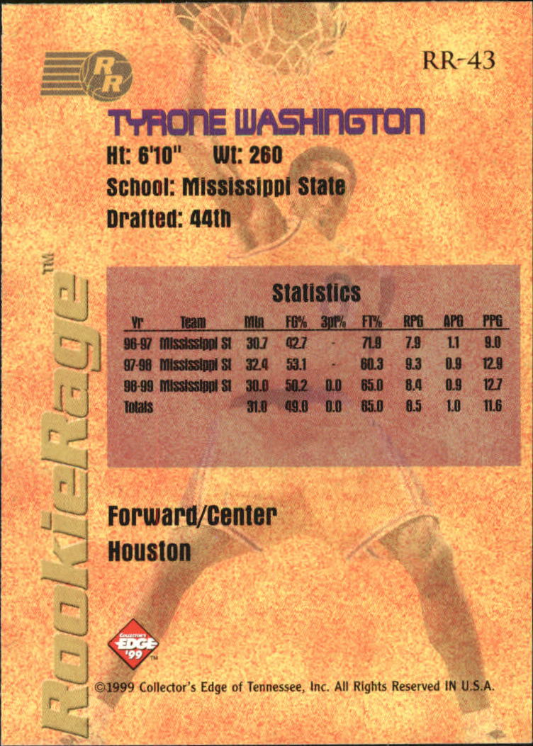 1999 Collector's Edge Rookie Rage #RR43 Tyrone Washington back image
