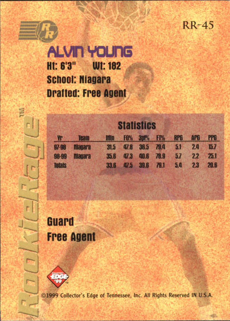 1999 Collector's Edge Rookie Rage #RR45 Alvin Young back image