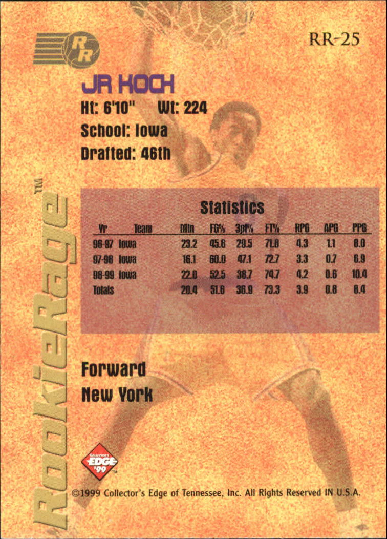 1999 Collector's Edge Rookie Rage Gold #RR25 J.R. Koch back image