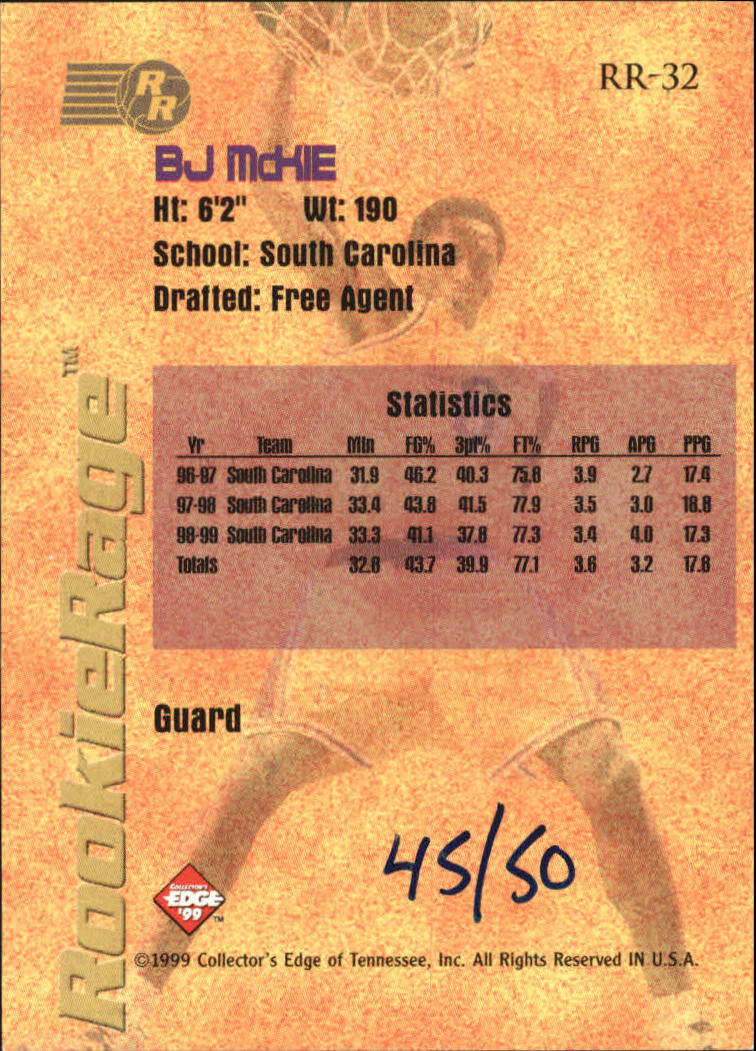 1999 Collector's Edge Rookie Rage HoloGold #RR32 B.J. McKie back image