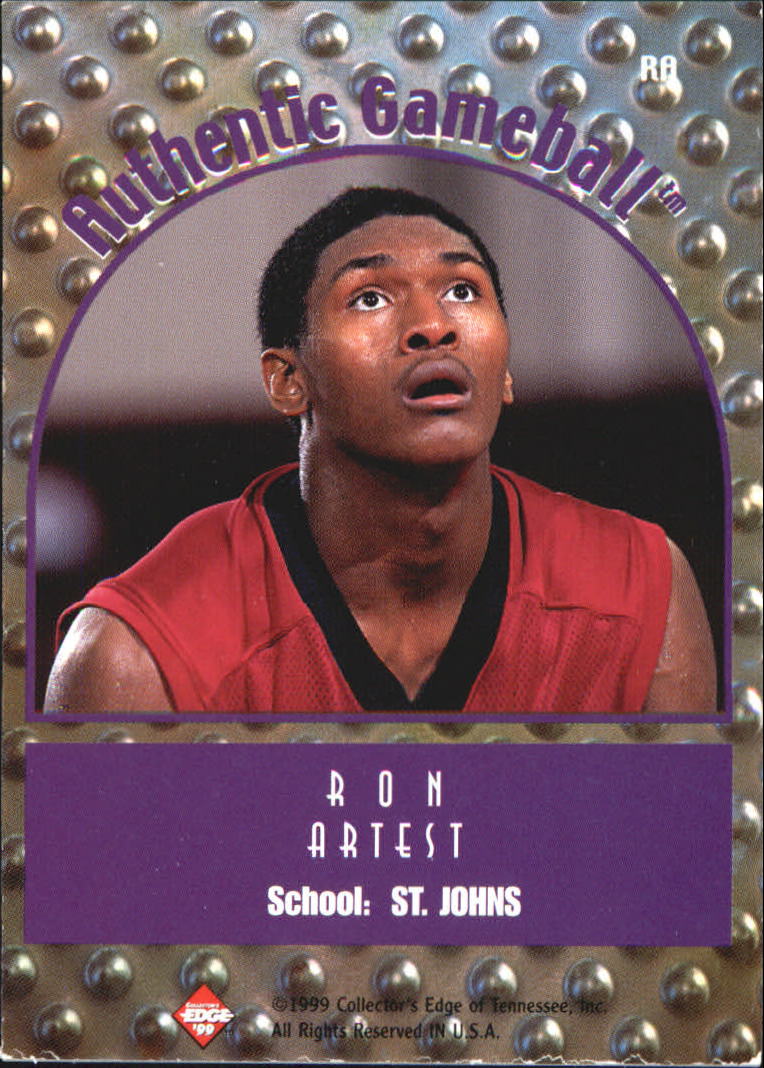 1999 Collector's Edge Rookie Rage Game Ball #RA Ron Artest back image