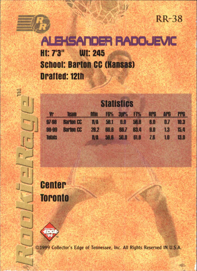 1999 Collector's Edge Rookie Rage Pro Signatures #38 Aleksandar Radojevic back image