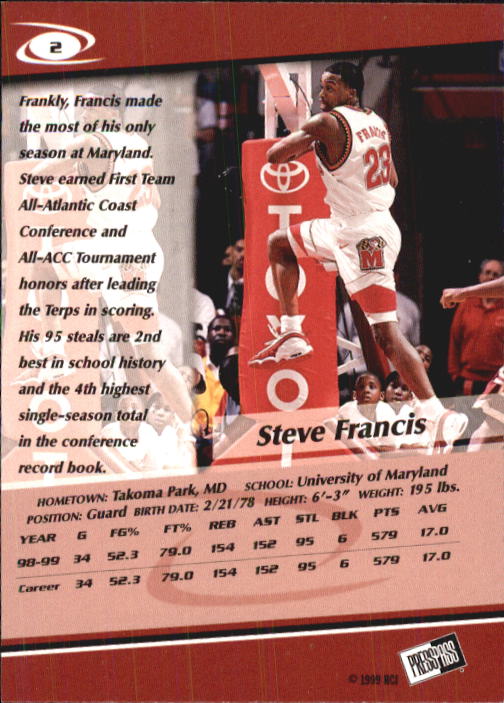 1999 Press Pass #2 Steve Francis back image