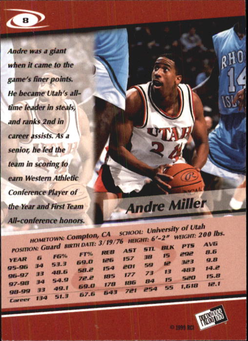 1999 Press Pass #8 Andre Miller back image