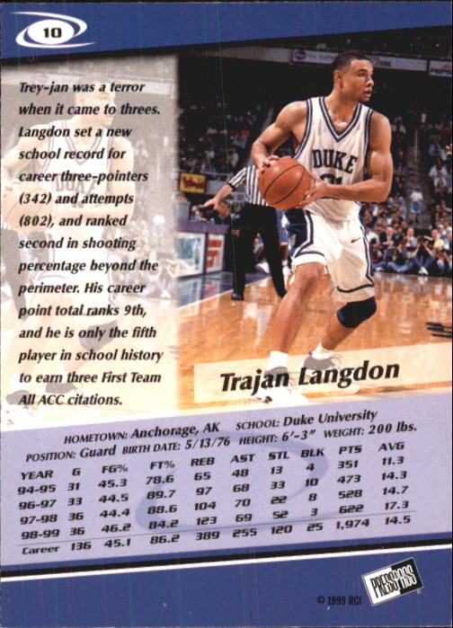 1999 Press Pass #10 Trajan Langdon back image