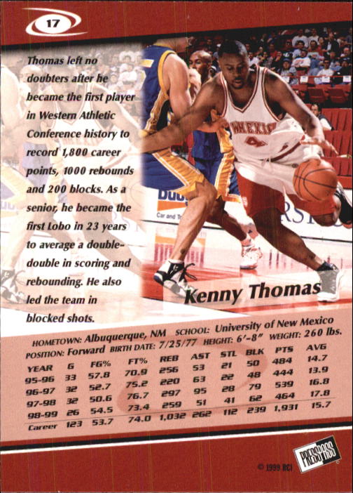 1999 Press Pass #17 Kenny Thomas back image