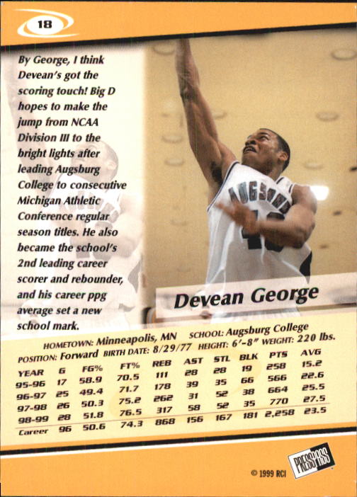 1999 Press Pass #18 Devean George back image