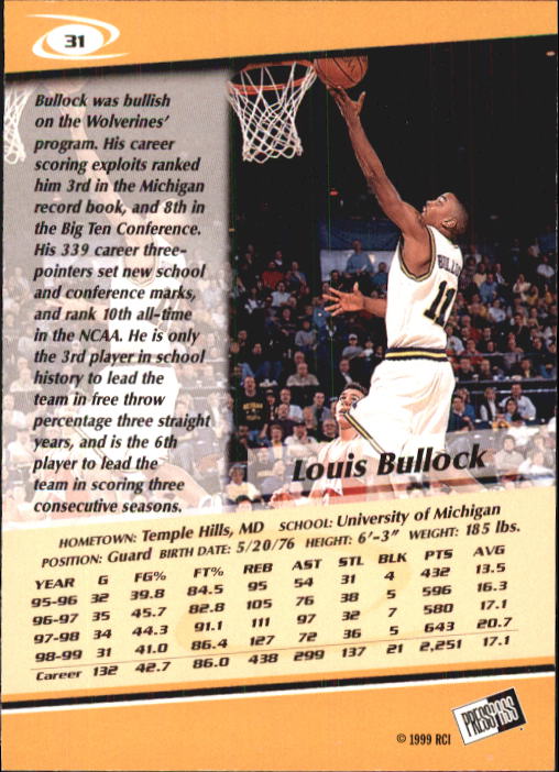 1999 Press Pass #31 Louis Bullock back image