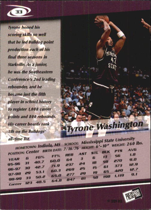 1999 Press Pass #33 Tyrone Washington back image