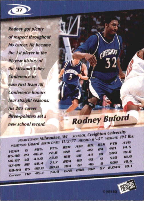1999 Press Pass #37 Rodney Buford back image
