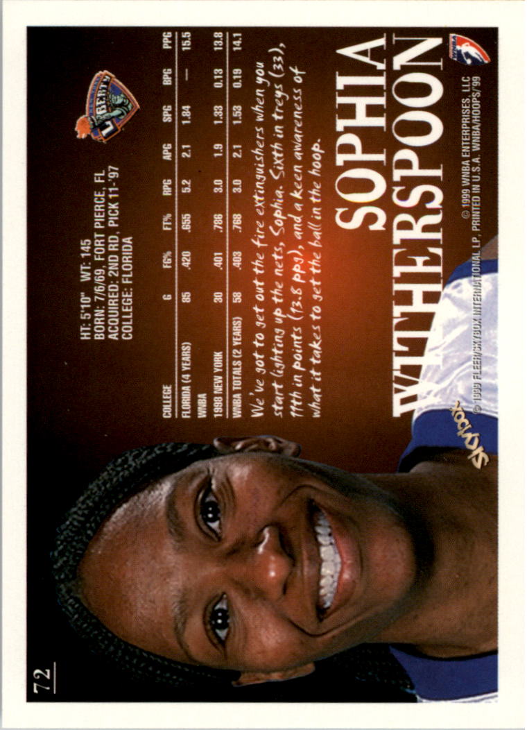 1999 Hoops WNBA #72 Sophia Witherspoon back image