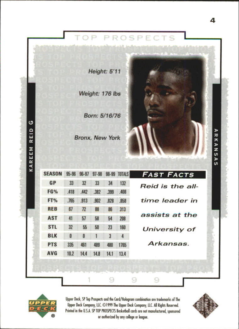 1999 SP Top Prospects #4 Kareem Reid back image
