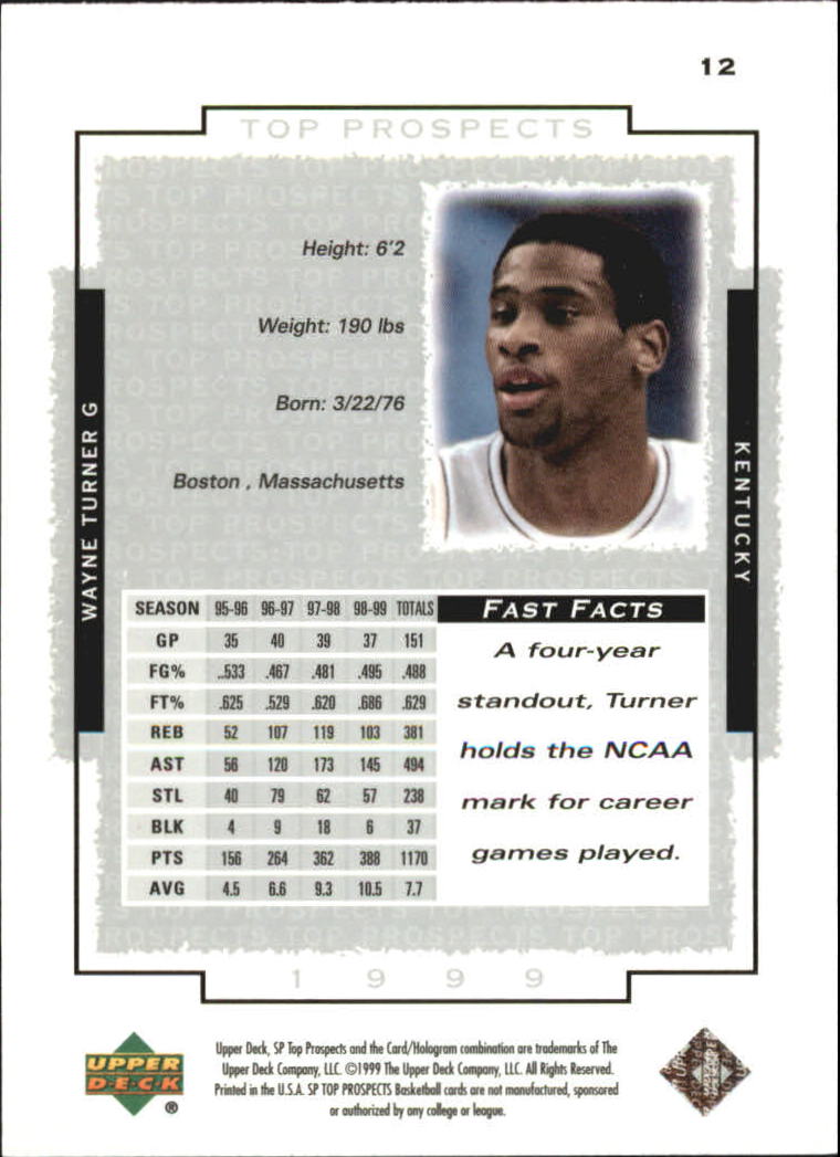 1999 SP Top Prospects #12 Wayne Turner back image