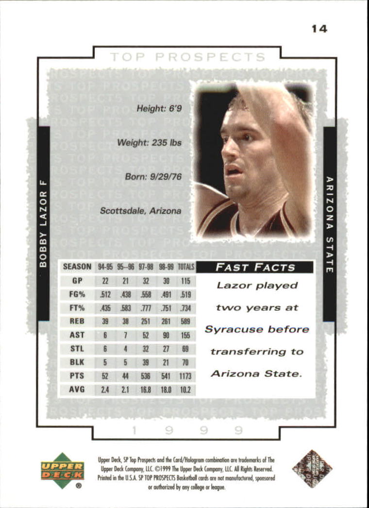 1999 SP Top Prospects #14 Bobby Lazor back image