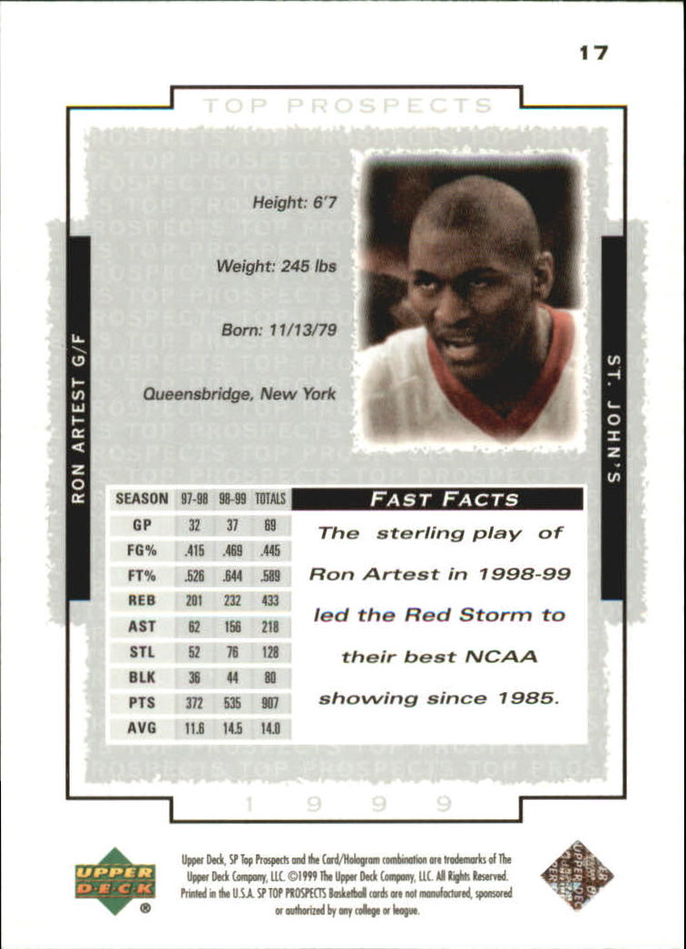 1999 SP Top Prospects #17 Ron Artest back image